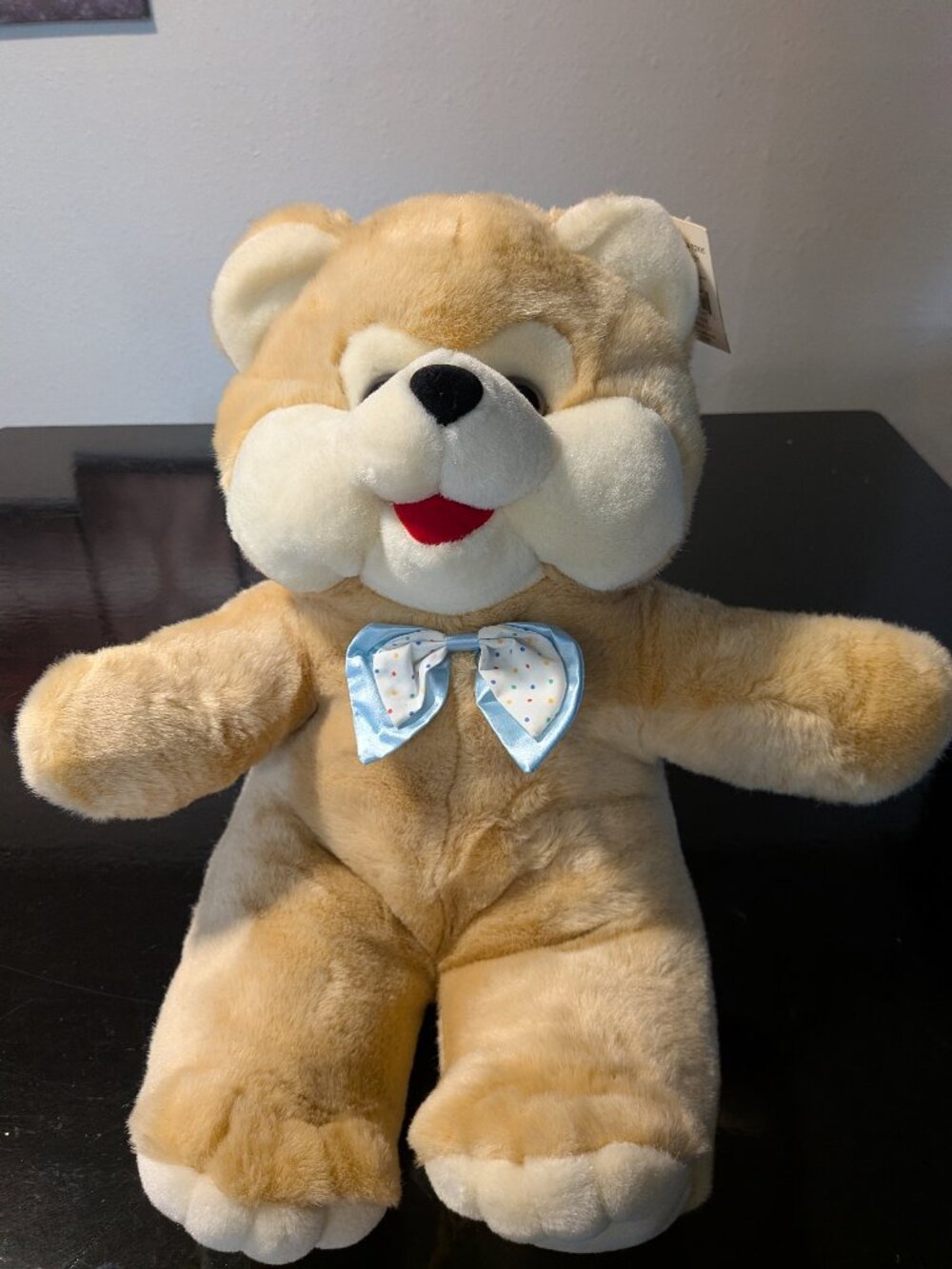 Elite Toys Vintage Teddy Bear Plush Tan Blue Polka Dot Bow Stuffed Animal w/ Tag